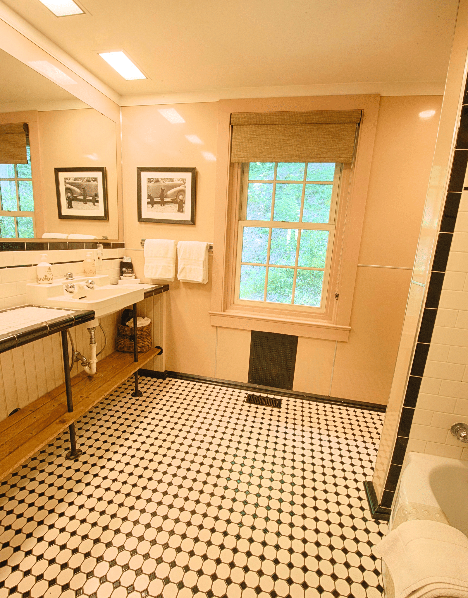 a brightly lit bathroom with beautiful tiles along with a window featuring the wash area - Historic Tapoco Lodge