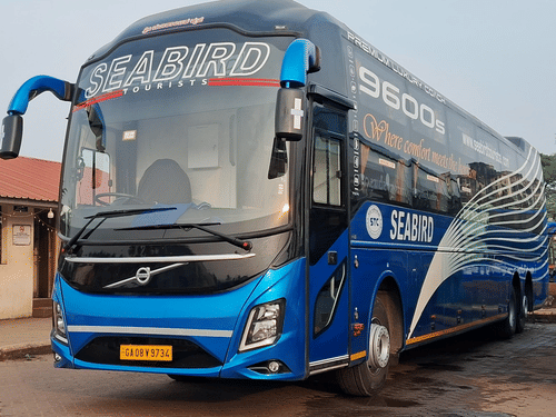 Front view of  a blue seabird tourists bus.