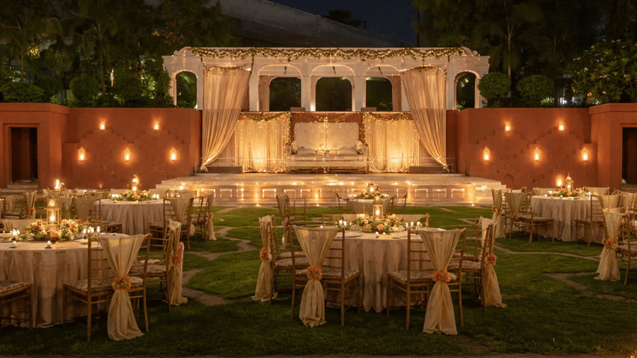 An outdoor evening dining setup with round tables, table linens, warm ambient lighting, and a heritage-style building facade behind at Clarks Avadh, Lucknow.