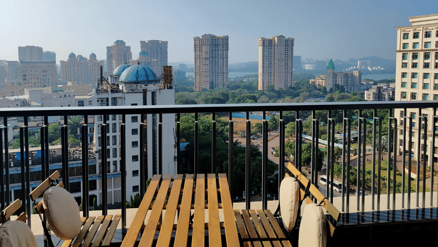 balcony view from the Maxxvalue Hotel, Chitranjan Tower, Powai facing the city with other sky-scrapers