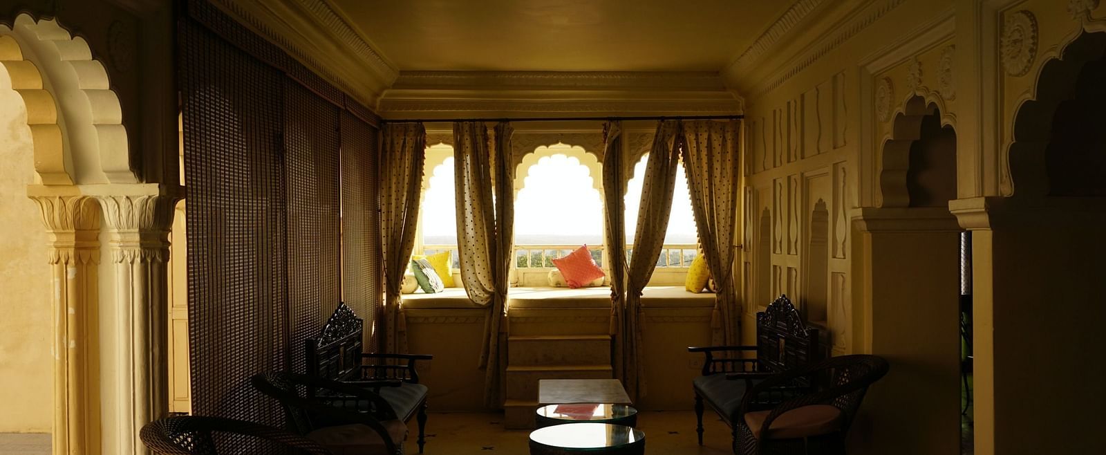 A vintage floor in a palace decorated with vintage curtains