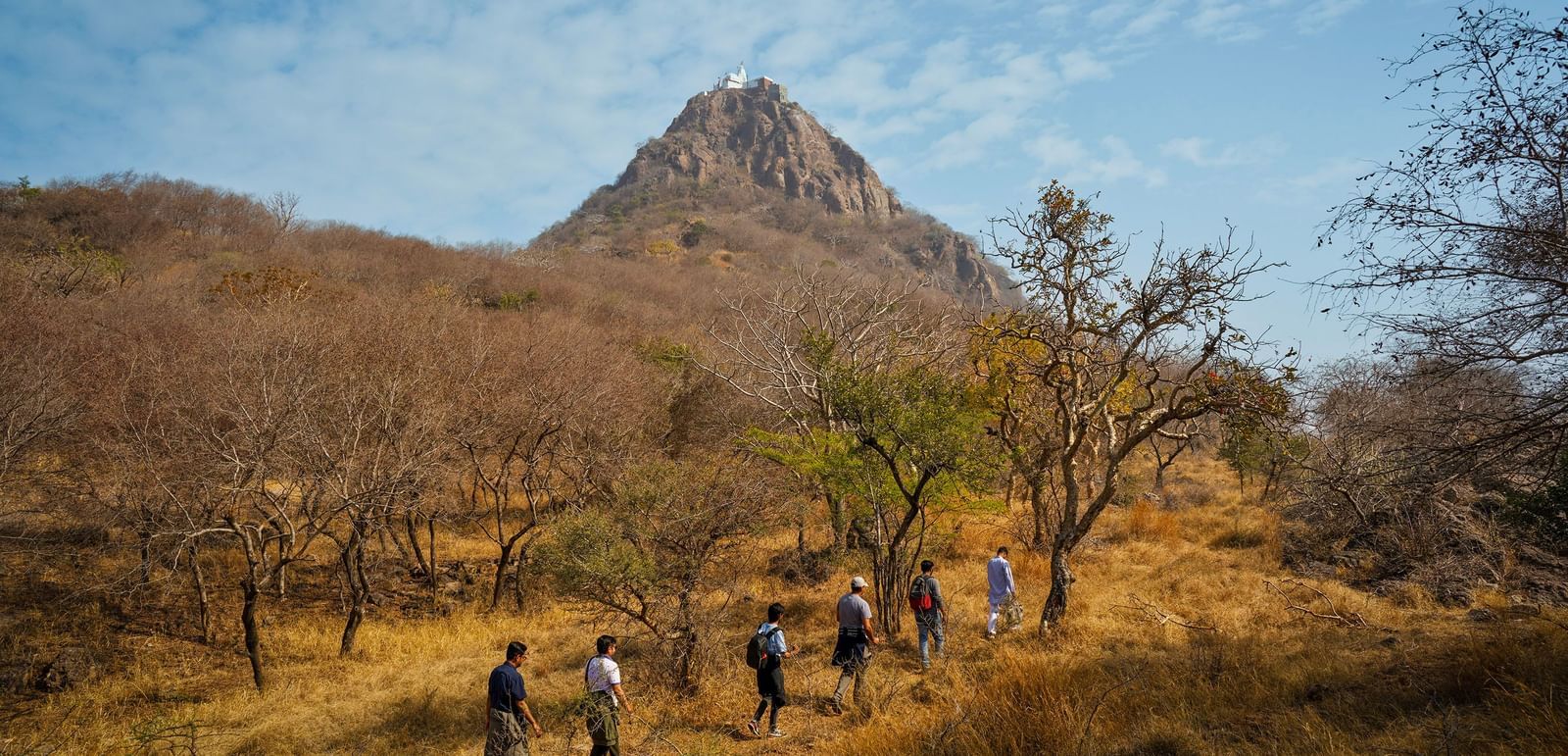 image of a a group of people walking in a trail through the dry lands of rajasthan featuring a mountain hill in the background