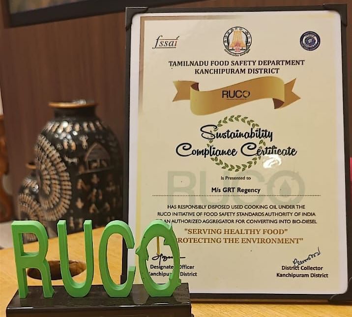 Sustainability compliance certificate presented to GRT Regency by tamilnadu food safety department.