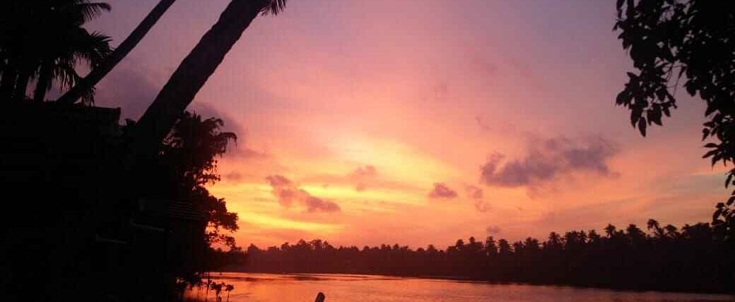 A vibrant sunset or sunrise over a body of water, framed by palm trees.