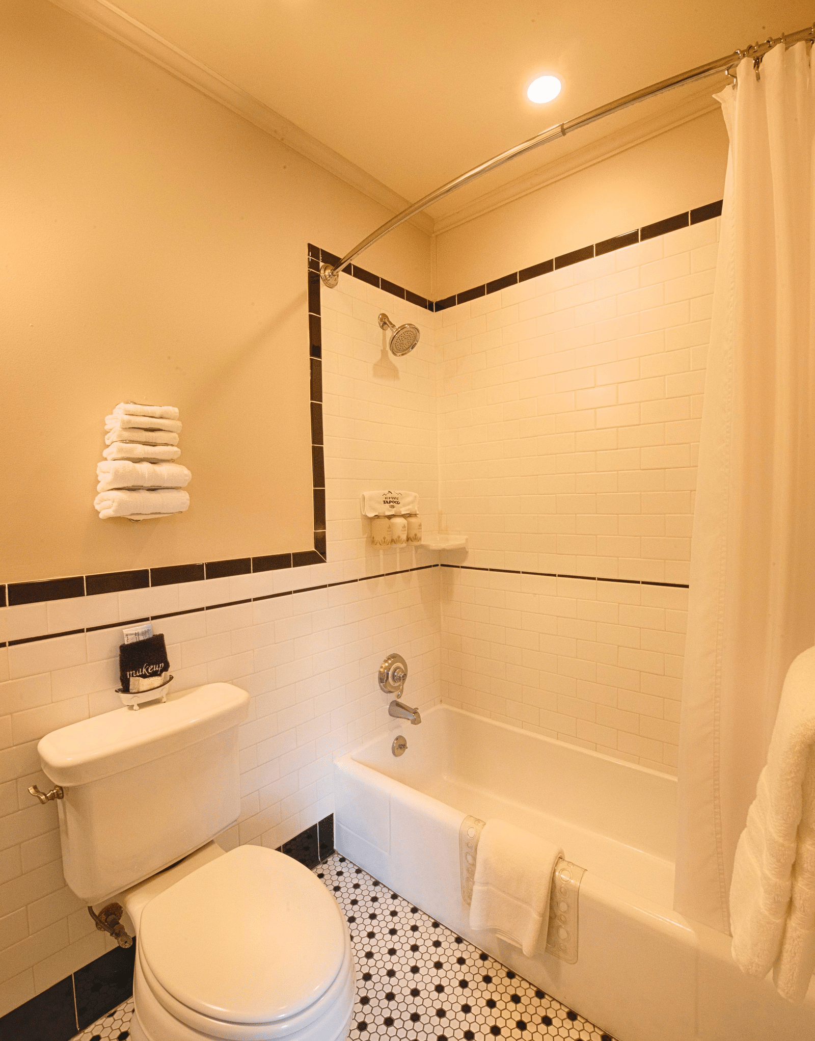 a bathtub with curtains and a commode besides it in a bathroom - Historic Tapoco Lodge