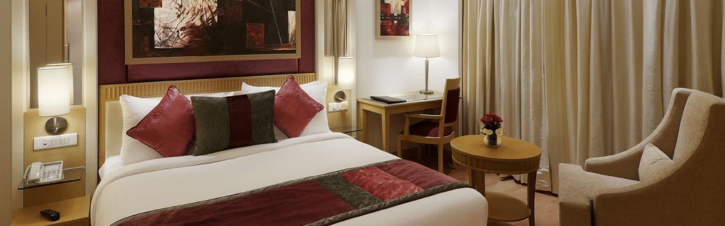 view of the double size bed at Executive double room of Inde Hotel Vista Woods, Gurgaon 