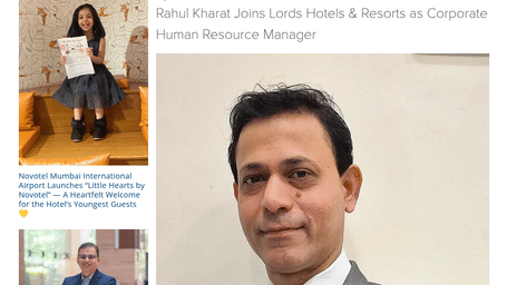 A man in a suit, identified as Rahul Kharat, in a headshot next to an article title: Rahul Kharat Joins Lords Hotels & Resorts as Corporate Human Resource Manager.