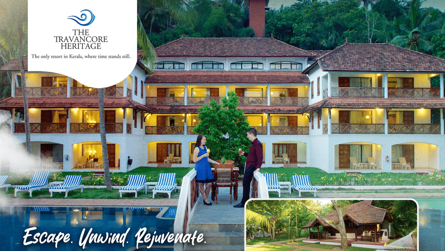 Promotional flyer for The Travancore Heritage Beach Resort highlighting a day package offer with images of the resort, pool, dining area, and recreational facilities.