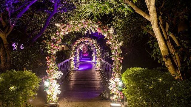 alt-text Illuminated pathway leading to a wedding venue at night.