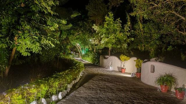 alt-text Romantic walkway with floral arch and fairy lights.