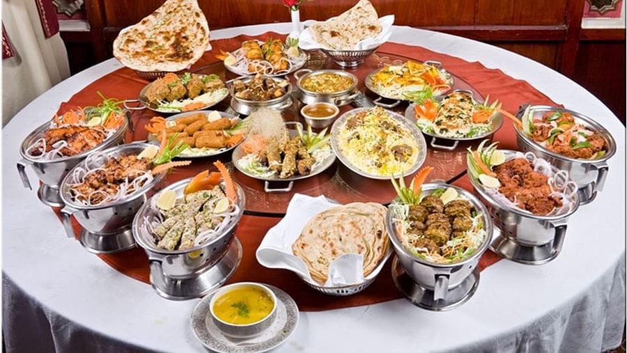 Various dishes served at a table