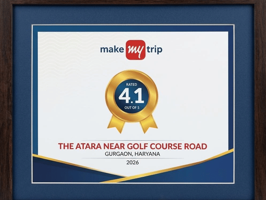 MakeMyTrip Guest Review Award presented to The Atara Near Golf Course Road, Gurugram, featuring a guest rating of 4.1 for quality service and guest satisfaction.