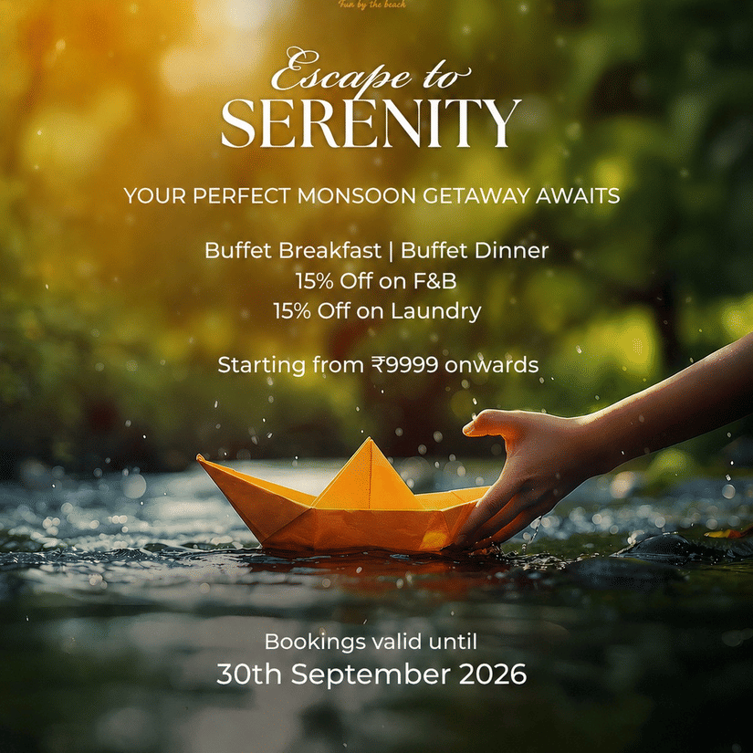 Monsoon package offer banner featuring a relaxing beachside stay with buffet meals, dining discounts, and laundry benefits starting at INR 9,999 onwards.