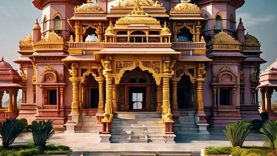 An image of the temple with a lake and stairs 