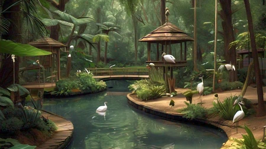 A tranquil lakeside with calm water reflecting lush green trees and hills, surrounded by rocks and vibrant wildflowers.
