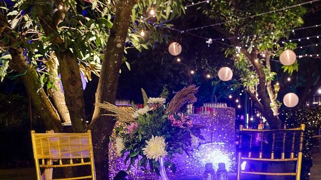 alt-text Illuminated stage with lighting and floral arrangements.