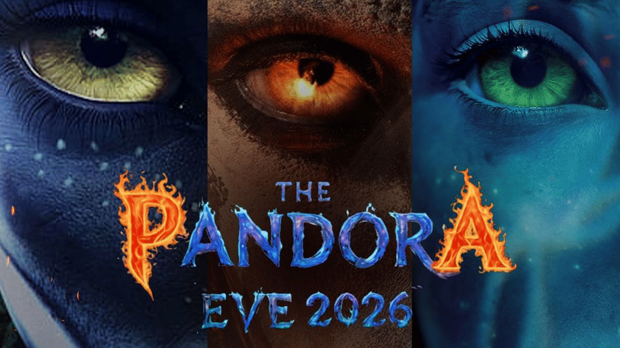 Poster for The Pandora Eve 2026 featuring three vertical slices of faces including a blue Avatar-like character, a fiery orange-eyed figure, and a green-eyed blue character. 