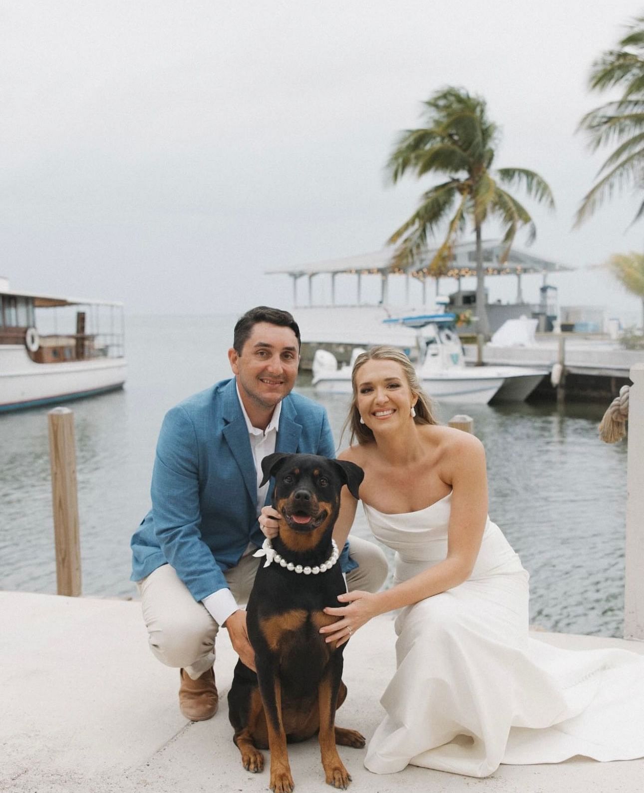 Bride and groom sitting on a dock with their dog, with boats and palm trees in the background.