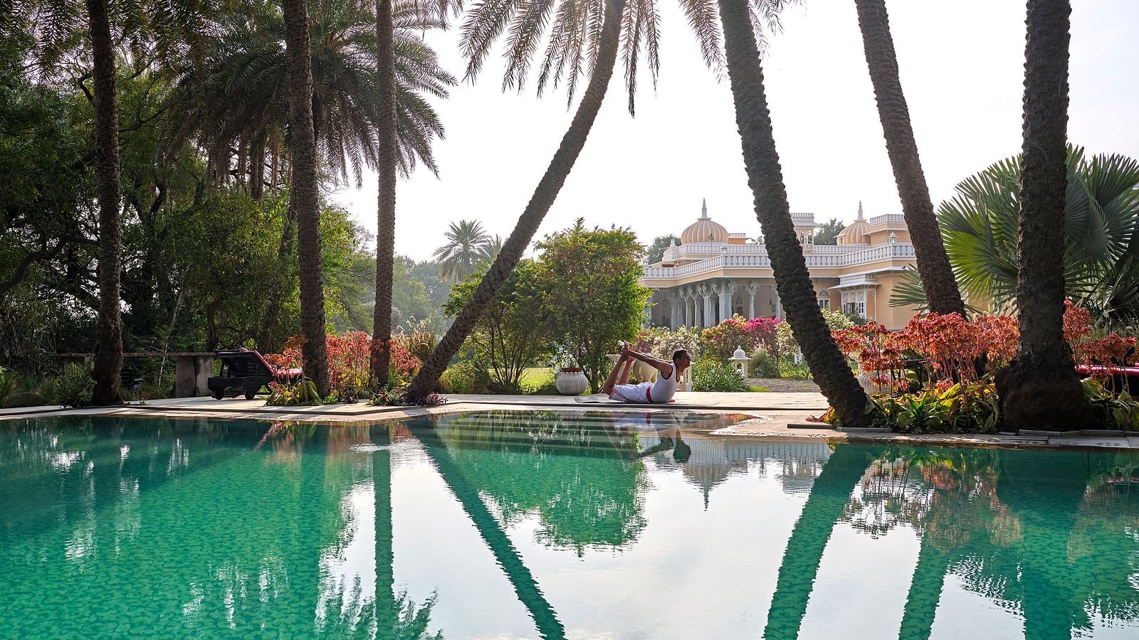 image featuring a calm swimming pool surrounded by towering palm trees at dev shree, deogarh