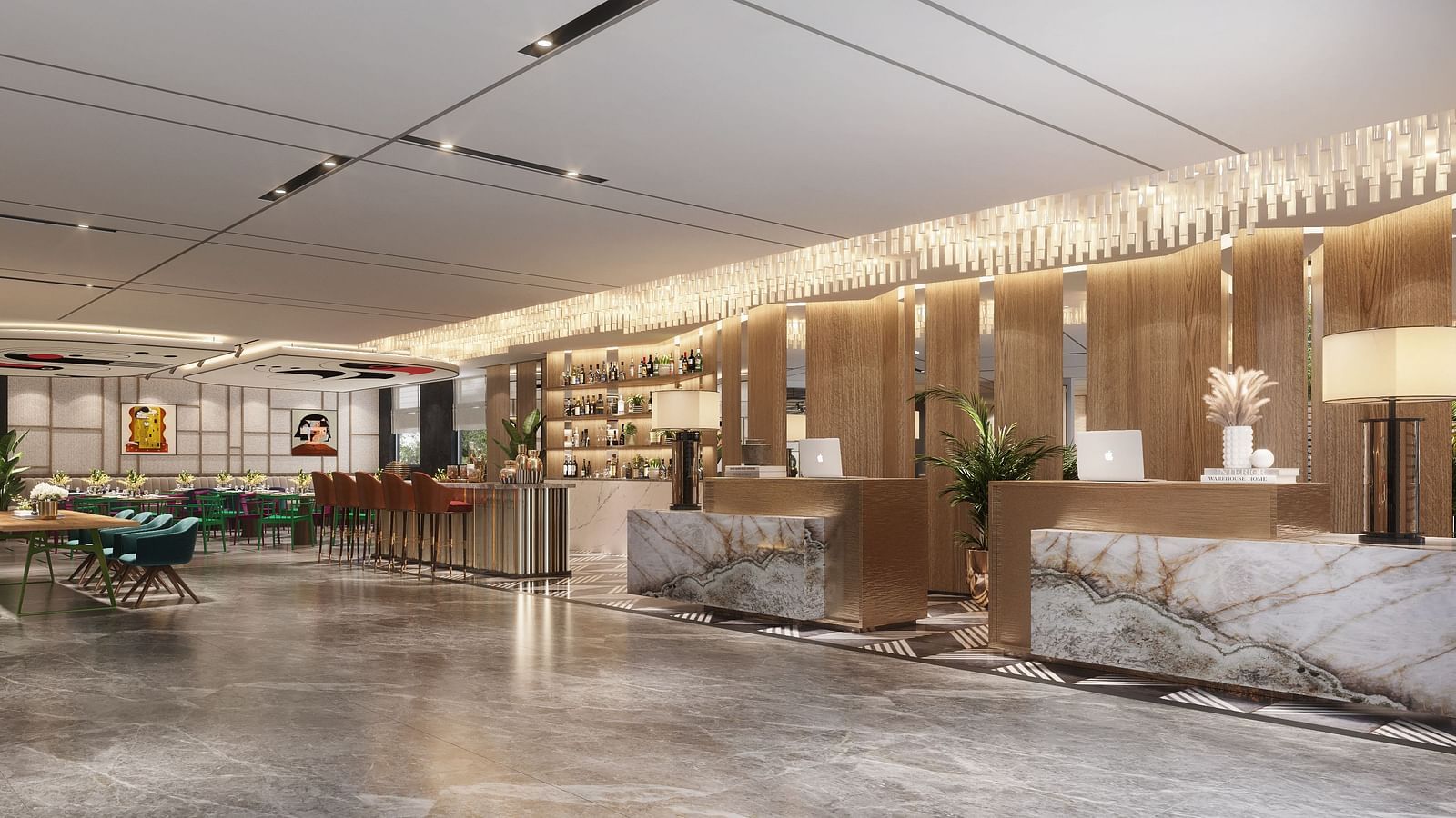 Interior view of a hotel lobby with a reception desk, seating area, and decorative lighting.