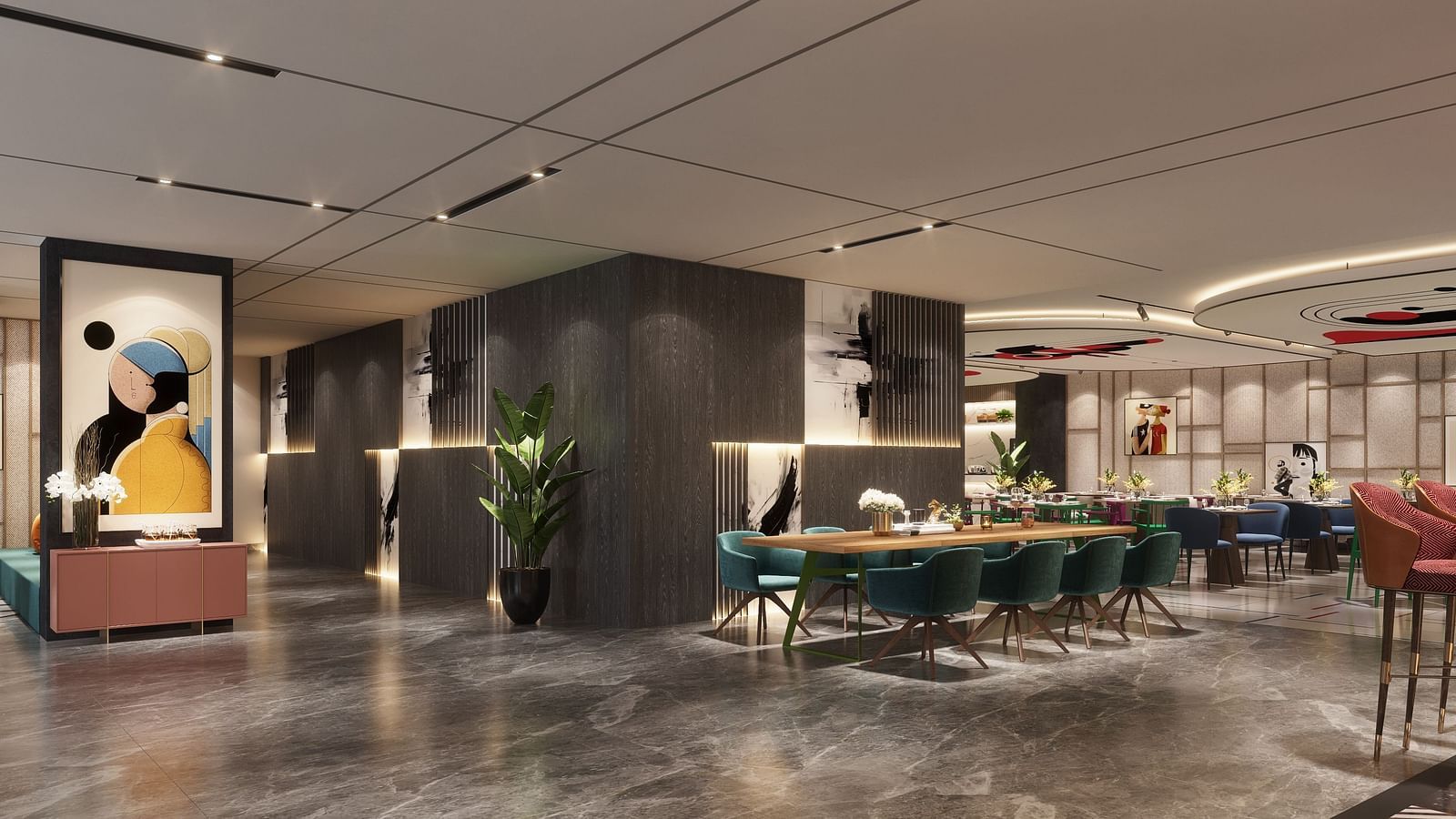 A interior view of a modern lounge or dining area with dark columns, teal chairs, and artwork on the wall.