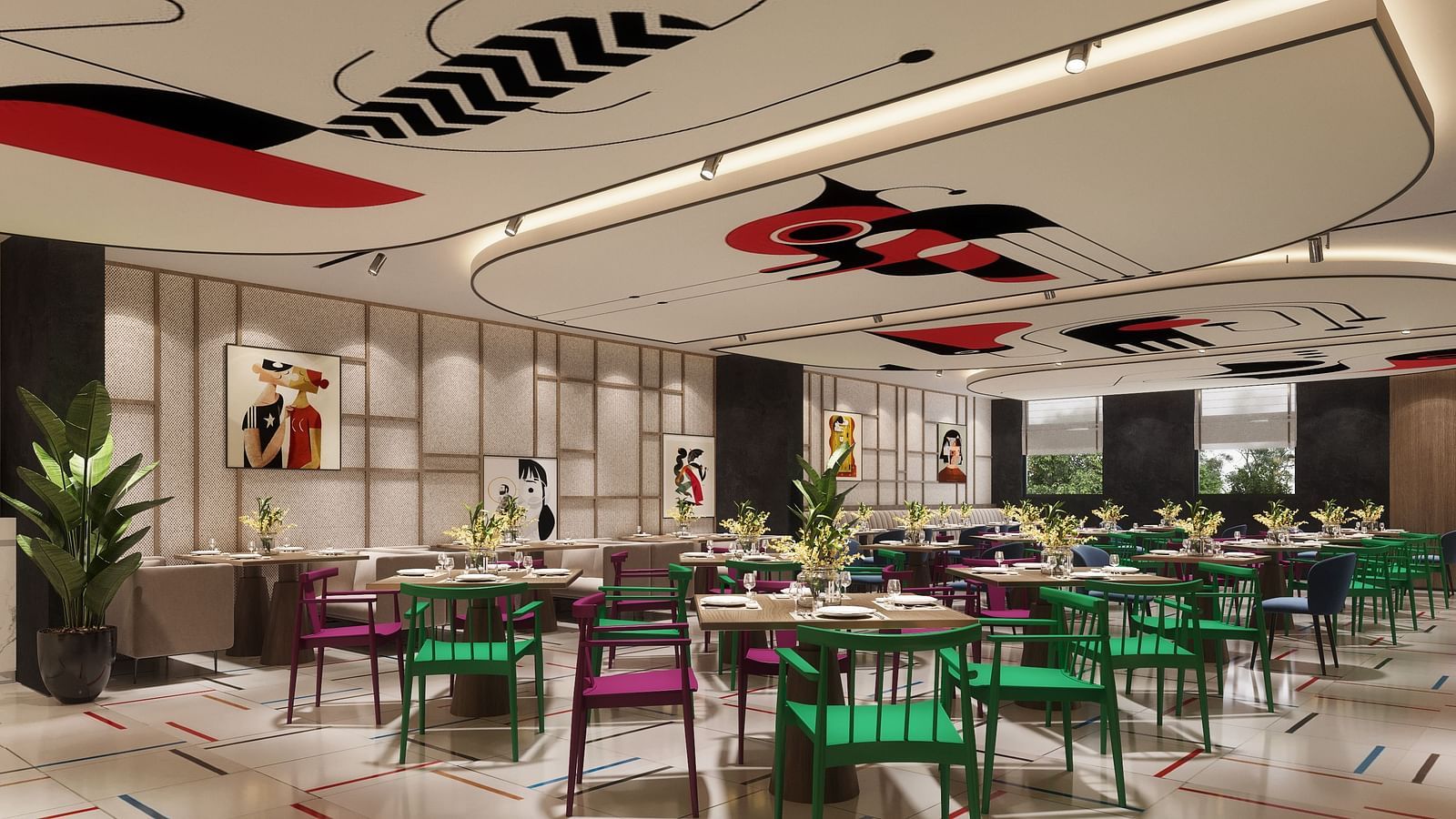 Interior view of a dining area with colourful chairs, tables set with placemats, and a unique mural on the ceiling.
