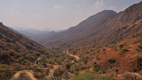 An overview of the aravali range of mountains, near Kamli Ghat, with golden coloured soil and less vegetation on them with a clear sky in the background