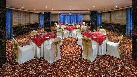 Seating arrangement in the Carnival banquet hall at Essentia Premier Hotel, Chennai