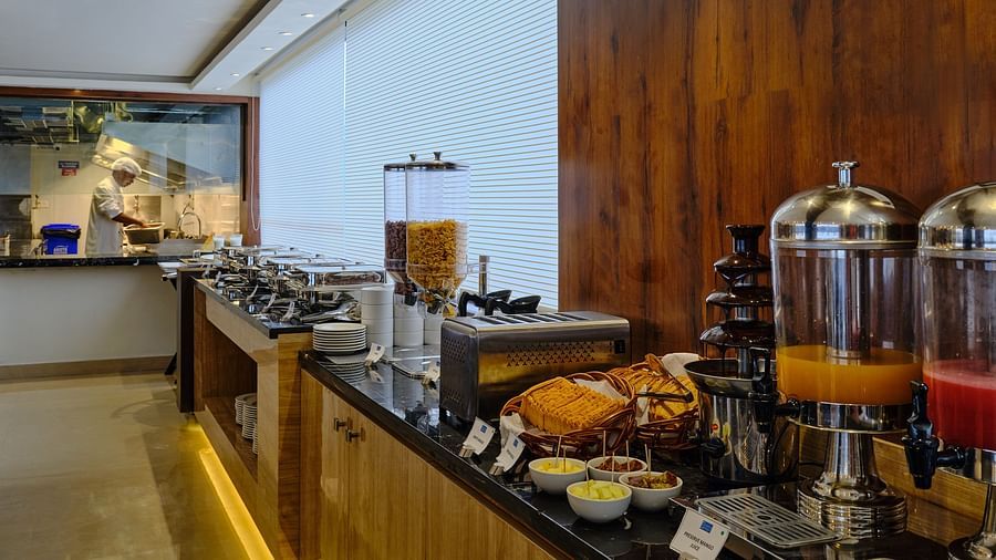 The buffet counter in a restaurant at Essentia Premier Hotel, Chennai