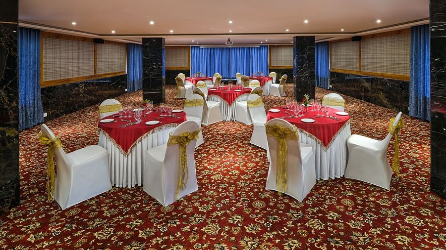 Seating arrangement in the Carnival banquet hall at Essentia Premier Hotel, Chennai