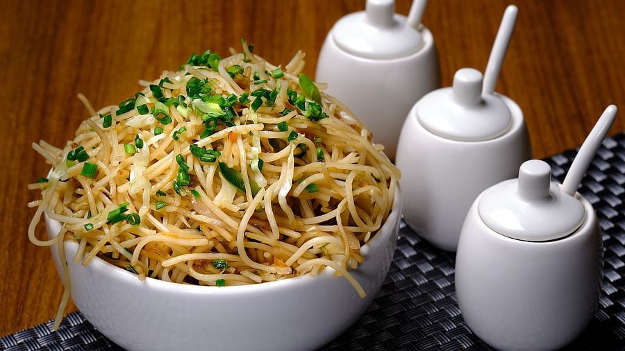 Noodles served with some sauces at Essentia Premier Hotel, Chennai