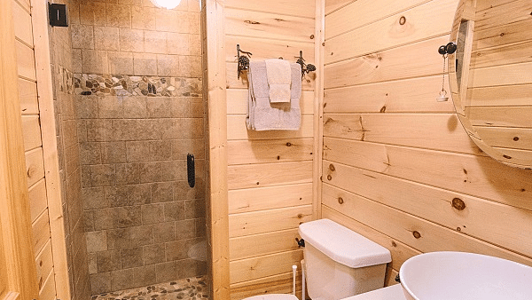 a bathroom with a small vanity area along with a commode and shower cubical separated by a glass door - Historic Tapoco Lodge
