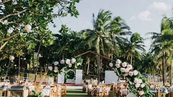 Stunning floral decoration with comfortable seating at Indie Stays Resort, Goa.