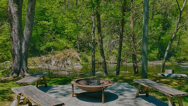 a fire pit surrounded by several wooden chairs in a garden and tall green trees - Historic Tapoco Lodge