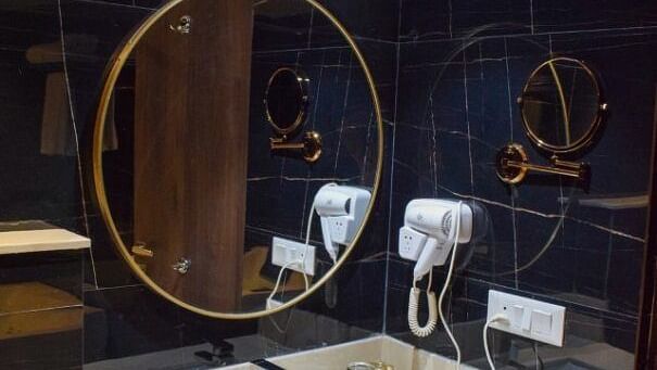 Sink area with mirror and a sink inside the suite's bathroom at Tulip Inn, Shravasti