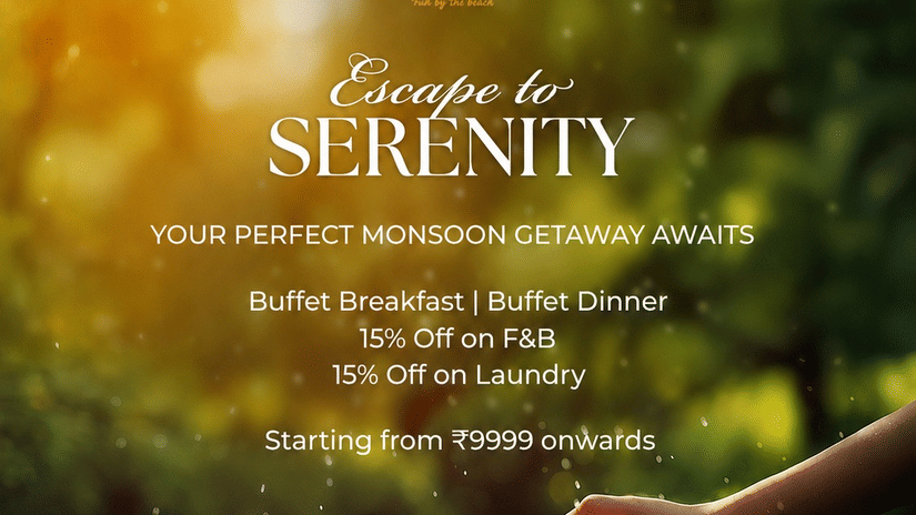 Monsoon package offer banner featuring a relaxing beachside stay with buffet meals, dining discounts, and laundry benefits starting at INR 9,999 onwards.