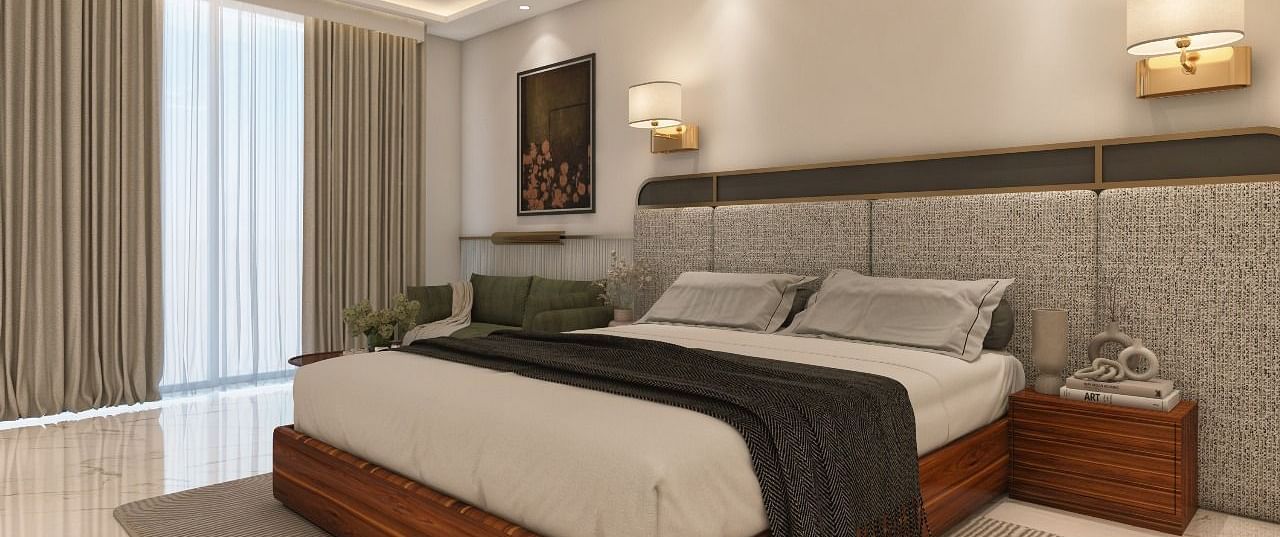 A room with modern interiors and bright lighting featuring a double bed in the middle along with two bed side tables. - Namaste Corbett