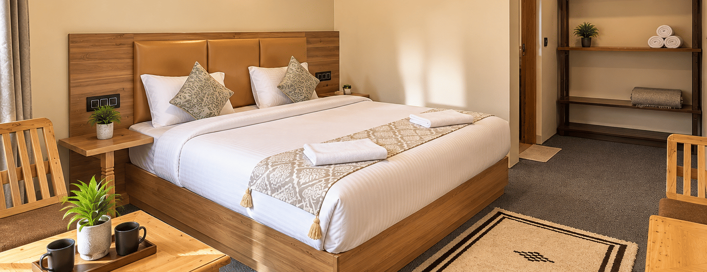 Bedroom with a queen-size bed, wooden furniture, bedside tables, open shelving and a patterned floor rug.