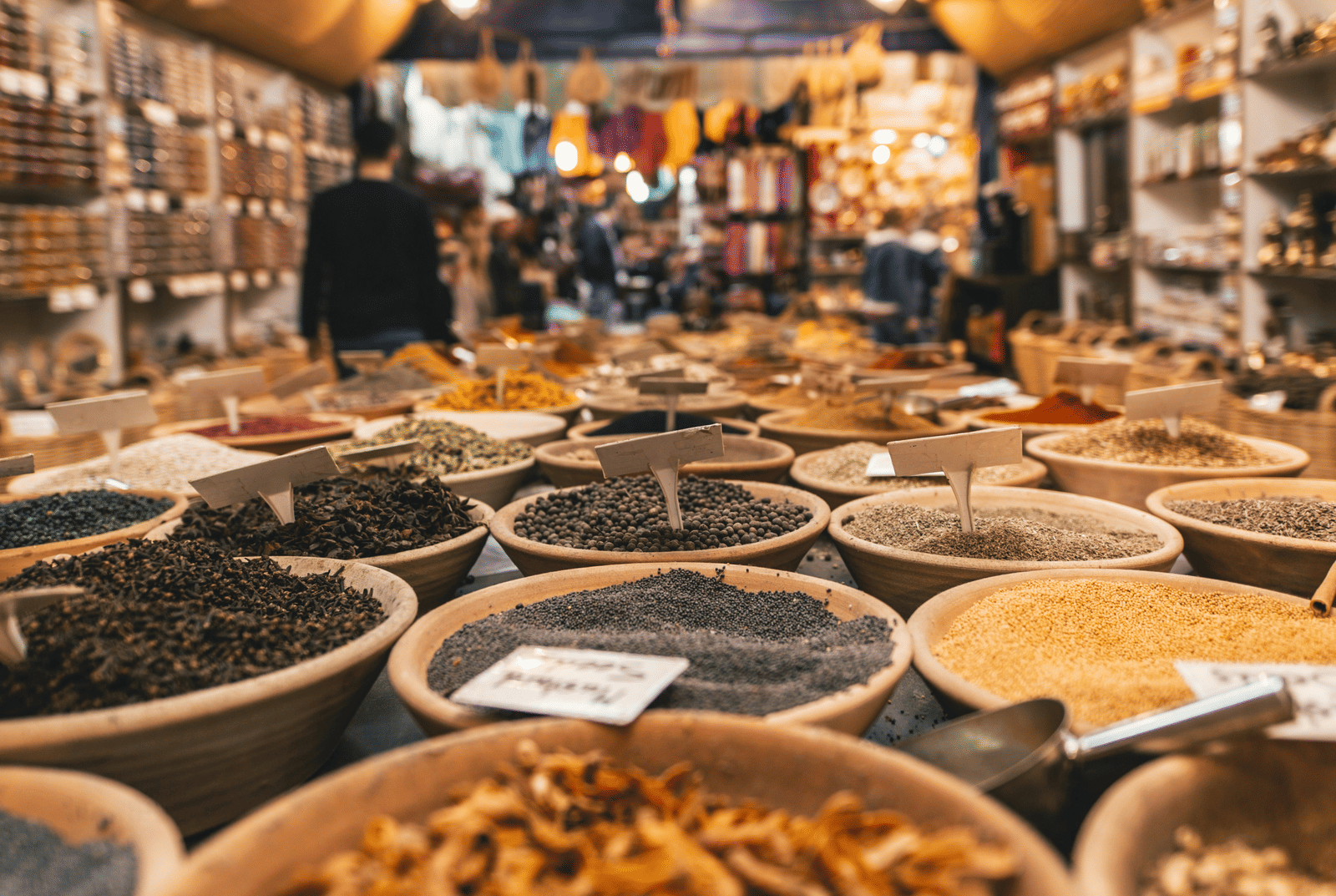 A colourful market stall overflowing with spices of different kind kept in individual sacks.
