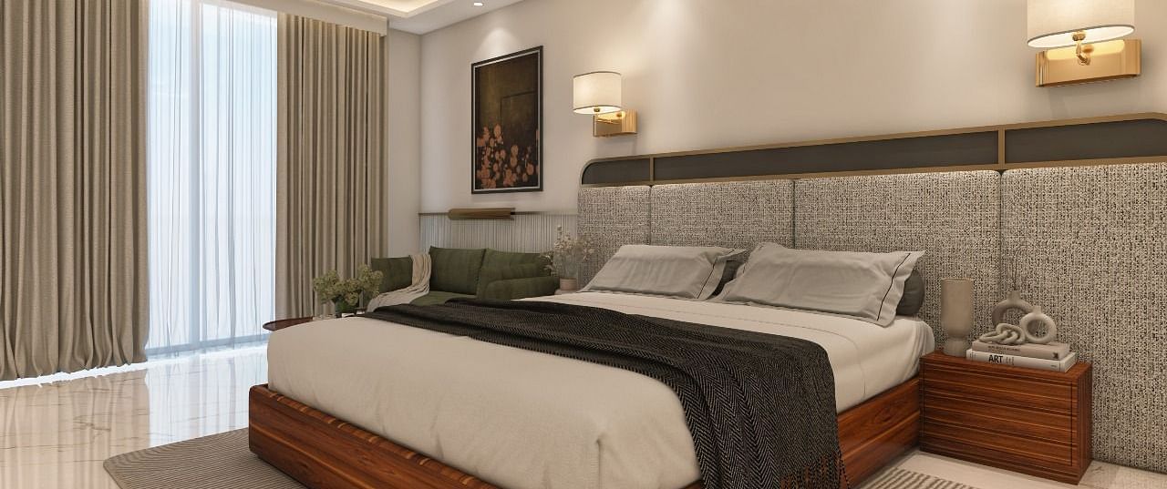 A room with modern interiors and bright lighting featuring a double bed in the middle along with two bed side tables. - Namaste Corbett
