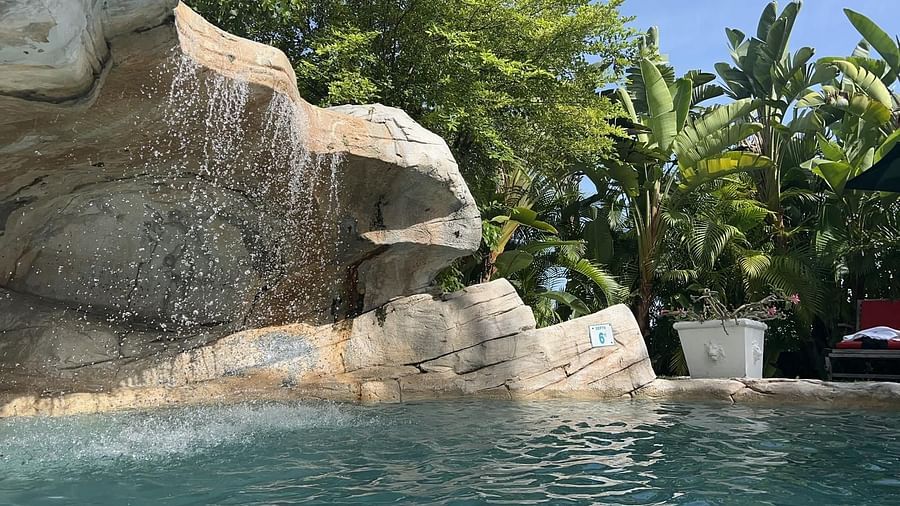 Rock waterfall flowing into a pool surrounded by tropical greenery | A Stone's Throw Away