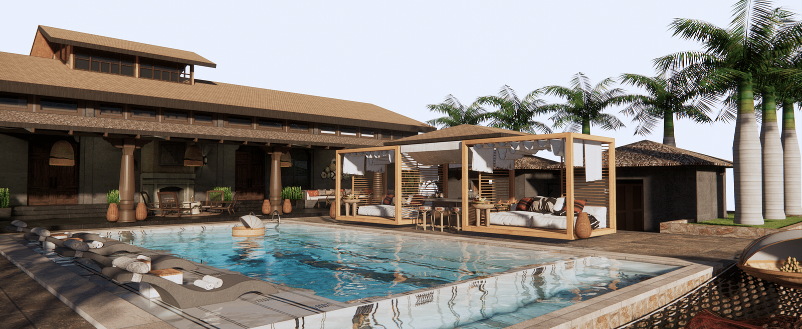 A building with a swimming pool, cabanas, and palm trees in a sunny outdoor setting - Rhino and River BluSalzz Collection, Pobitora