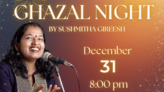 Promotional banner for Renai Kappad Beach Resort's New Year Ghazal Night event on December 31st at 8:00 PM, featuring live music and a festive, glittering background.