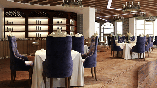 An image of a restaurant with seating arrangement and beautiful decoration