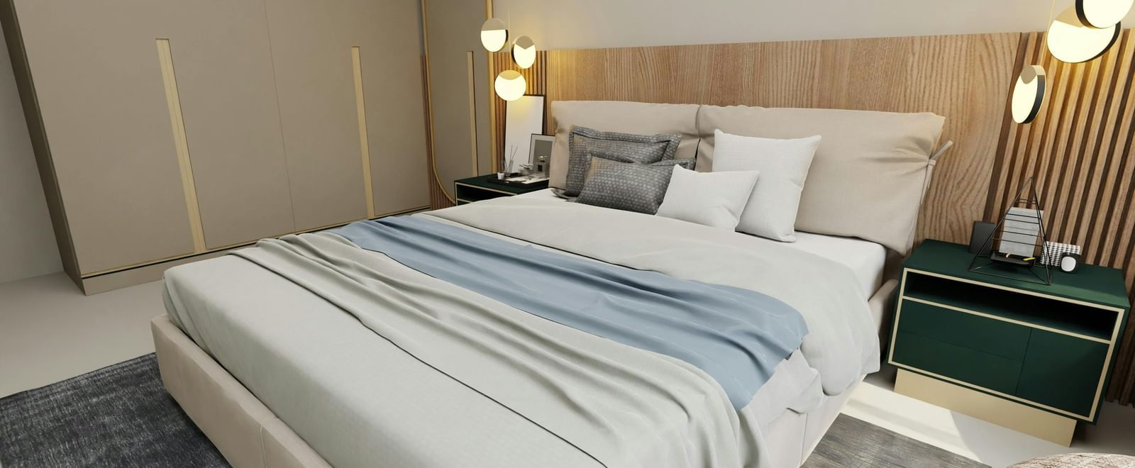 A modern bedroom with a bed featuring white and blue bedding, a nightstand with a lamp, and a headboard.
