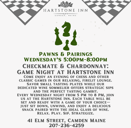 Hartstone Inn Pawns and Pairings event flyer with a black and white chess board design. It promotes a Wednesday game night featuring Checkmate and Chardonnay.