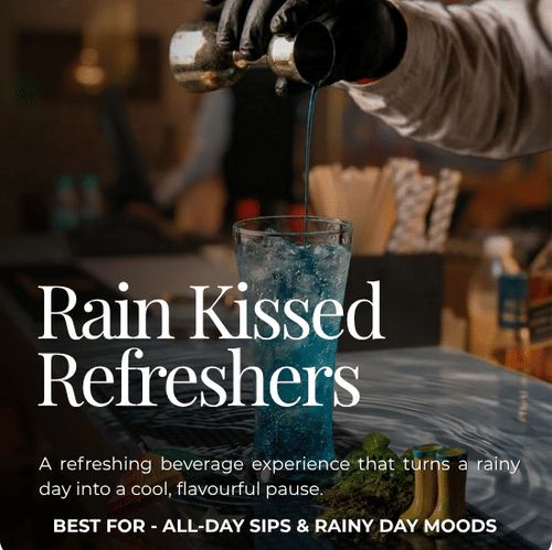 Promotional creative for Pride Group of Hotels featuring a bartender pouring a drink and the text 'Rain Kissed Refreshers'.