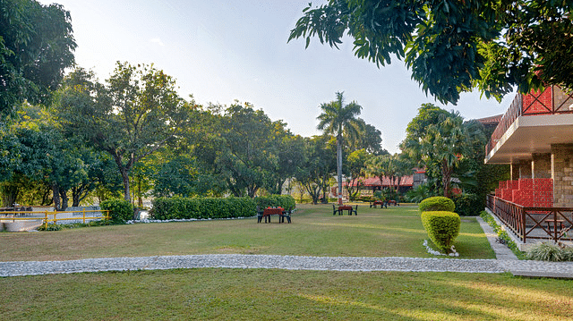 Manicured resort lawns with trees and comfortable seating areas.