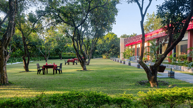 Resort grounds with trees, green lawns, and comfortable seating.