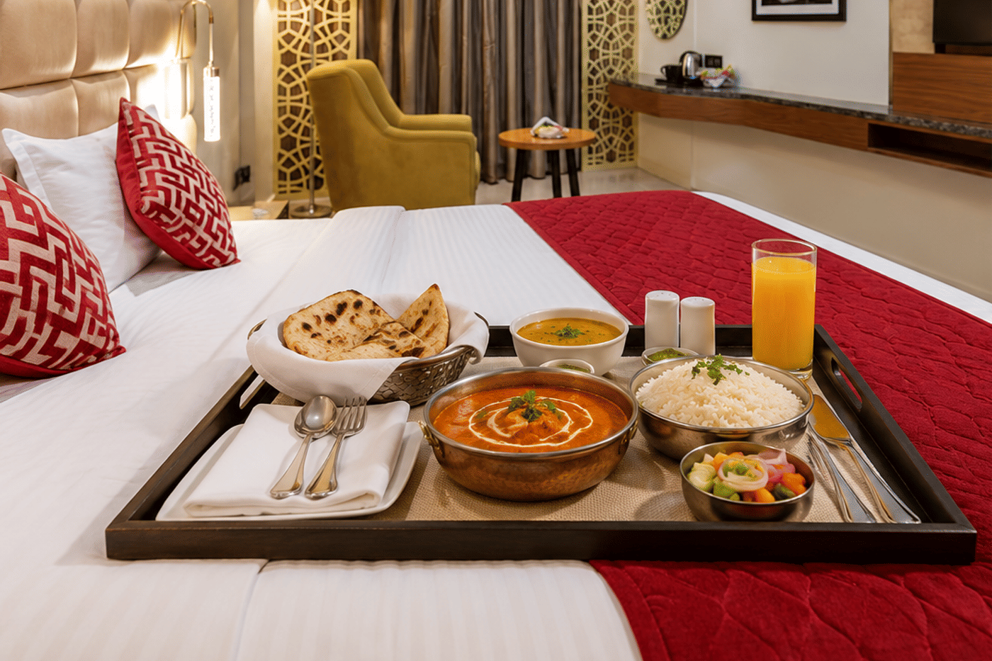 Room service tray with curry, rice, rotis, and juice on a bed at VIVIDUS Sleek Aarya Mansion